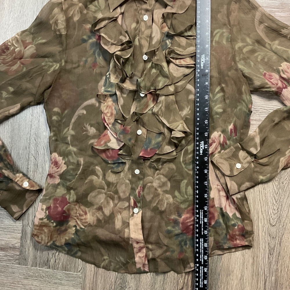 Lauren Ralph Lauren Silk Ruffle Georgette Floral Sheer Blouse Womens XS Olive - Picture 7 of 7